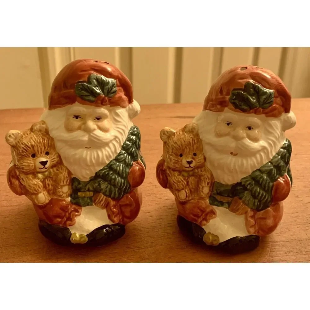 Vintage Home For The Holidays Santa Holding Bear & Tree Salt & Pepper Shaker Set